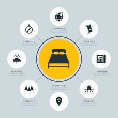 Circle network chart hotel, location, nature infographic template with 8 options for presentations, advertising, annual reports.