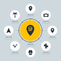 Circle network chart hotel, location, nature infographic template with 8 options for presentations, advertising, annual reports.