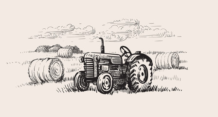 old tractor with a rural scene - obrazy, fototapety, plakaty