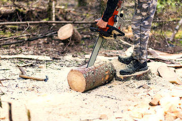Close up view of man cutting tree with chainsaw