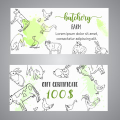 Butchery gift voucer Hand drawn farm animals brochure with reward coupon. Local farm certificate. Farming illustration. Vector farm elements. Hand sketched goose, rooster, chicken