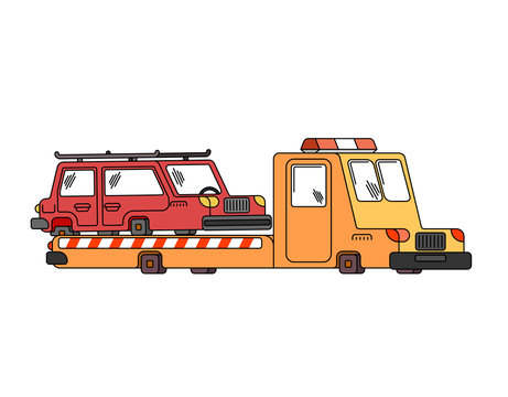 Tow truck and car. Wrecker Evacuates auto. Help on road. Vector illustration