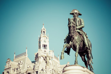 Fototapeta na wymiar Freedom Square with monument of King Peter IV in Porto. Porto, Portugal