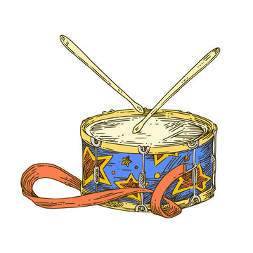 Beautiful  colorful marching drum with drumsticks. Color. Engraving style. Vector illustration.
