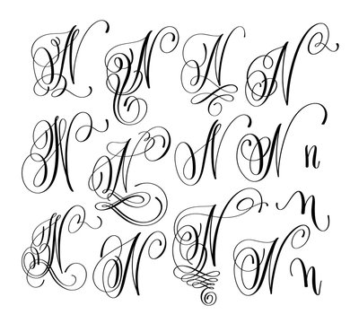 calligraphy lettering script font N set, hand written