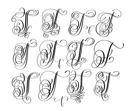 calligraphy lettering script font T set, hand written