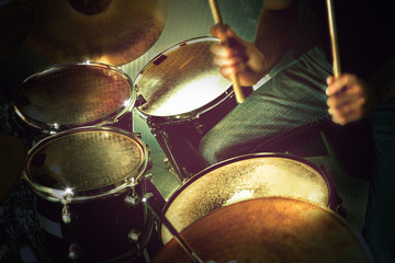 Musical performance on stage.Recreation and music show. Drum on stage. Live music and instruments.