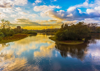 Beautiful landscape of the Rhine forest in the nature reserve of the Sauer Delta in late afternoon, Northern Alsace, France.