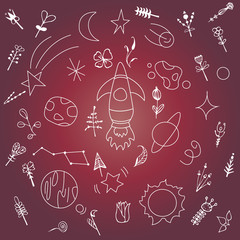 Bright card space, with the image of a comets, stars, rockets, planets, vector illustration