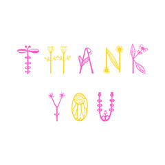 Hand Drawn floral lettering with words Thank you. Unique typographic element for postcard, greeting card or thank you card. Vector illustration.