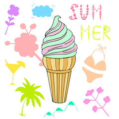 Vector illustration of an ice cream. Doodle texture with swet dessert. Perfect background for cafe or restaurant menu.