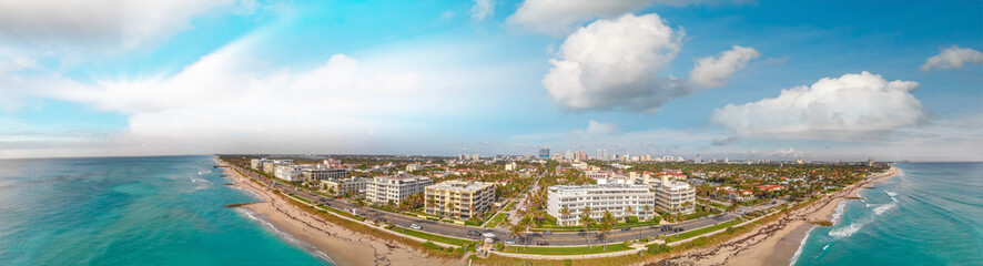 Palm Beach aerial sunset panoramic view, Florida coastline