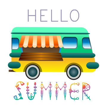 Bright beach van, with for sure Hi Summer, vector illustration, EPS 10.