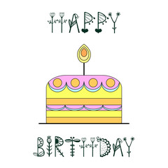 Cute happy birthday card with cake and candles. vector illustration