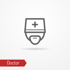 Typical simplistic doctor face in professional hat with cross. Medic or surgeon head isolated minimalistic icon in line style with shadow. Profession and healthcare vector stock image.