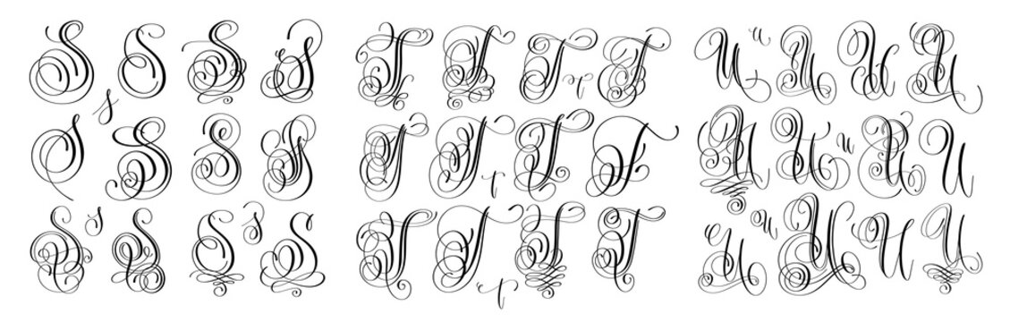 calligraphy letters set S, T and U, script font