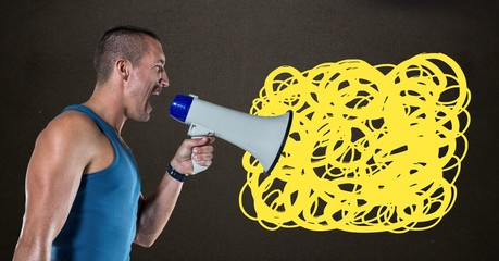Man shouting in megaphone with yellow scribble doodles