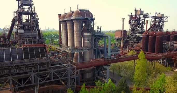 Drone Aerial flight view of the Industrial culture park  Landscape Duisburg North Ruhrgebiet Germany