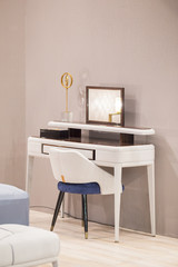 White dressing table with wicker elements, leather upholstery, luxury mirror