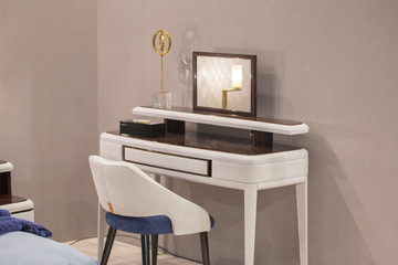 White dressing table with wicker elements, leather upholstery, luxury mirror