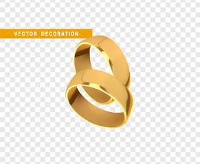 Golden wedding rings, realistic design isolated on transparent background.