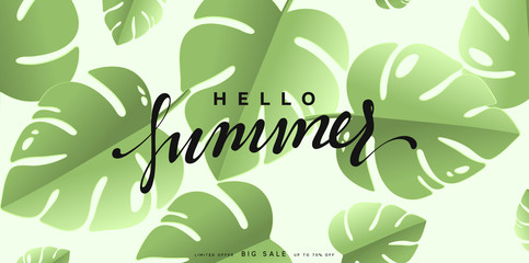 Hello Summer banner tropical background. Summer season, green leaves poster
