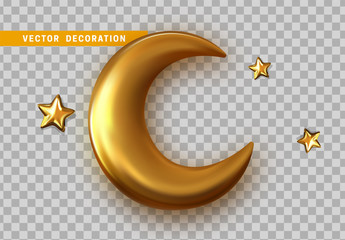 Golden crescent 3d object with transparent background effect. Realistic isolated gold half a month with five end star © lauritta