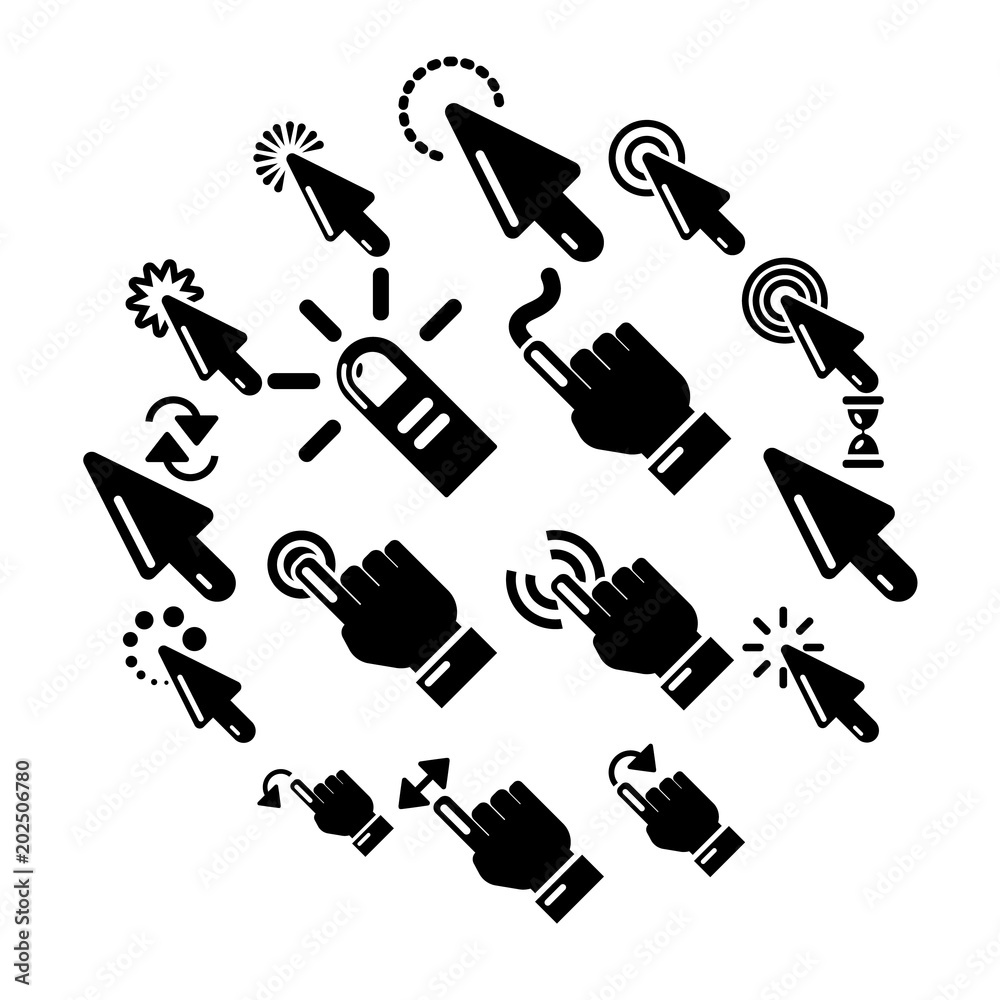 Poster hand click icons set. simple illustration of 16 hand click vector icons for web