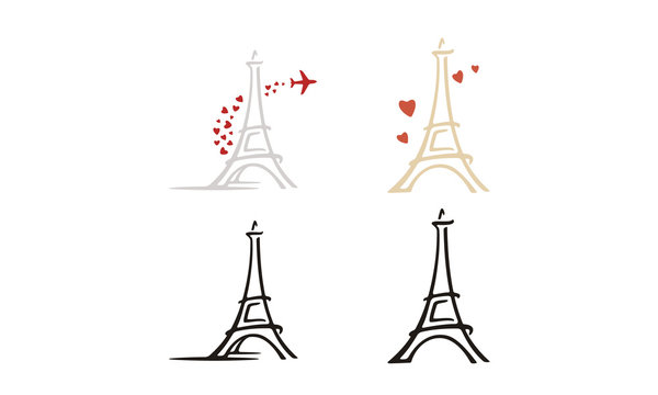 Paris Eiffel Tower with Heart Love Plane Travel Logo design inspiration