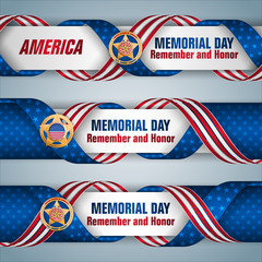 Set of web banners design, background with texts, military badge and national flag colors for U.S. Memorial day event, celebration: Vector celebration