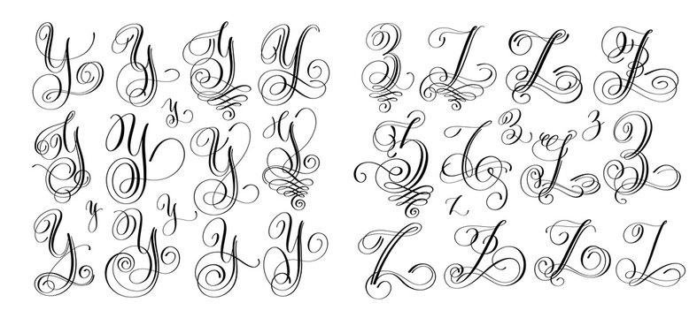 calligraphy letters set Y and Z, script font