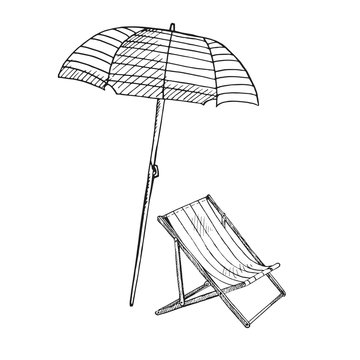Beach Striped Open Umbrella And Deck Chair, Beach Furniture Set, Hand Drawn Doodle, Sketch In Pop Art Style, Black And White Vector Illustration