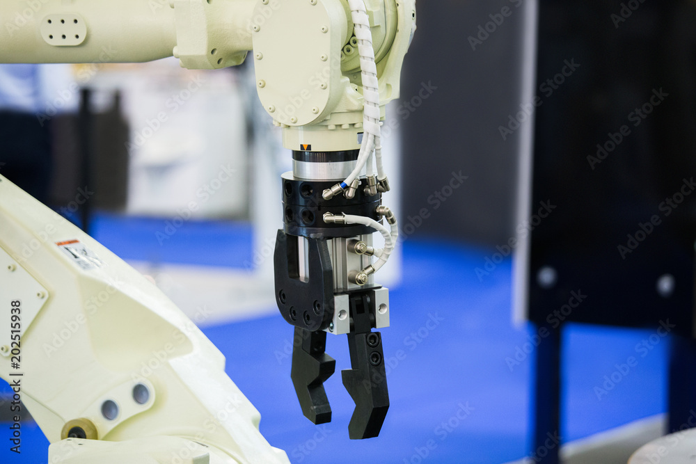 Poster A robotic arm. Automatic robot in a smart factory. Assembly line