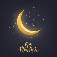 Naklejka na ściany i meble Ramadan Kareem greeting design with crescent moon, glowing stars and Eid Mubarak script lettering