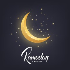 Fototapeta na wymiar Ramadan Kareem greeting design with crescent moon, glowing stars and Ramadan script lettering