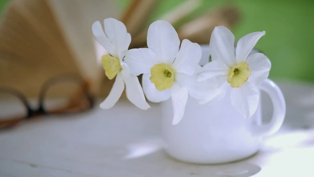 Cinemagraph - Book and narcissus in a mug on the wooden table. Motion Photo.