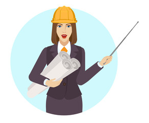 Businesswoman in construction helmet holding the project plans and pointing with a pointer