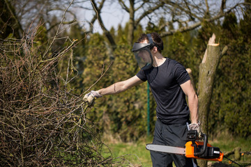 Professional lumberjack / woodcutter with electric chainsaw and helmet clearing the garden of felled tree