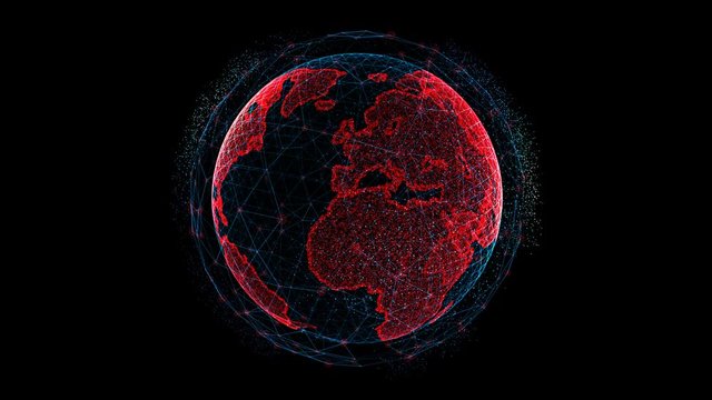 The concept of network/Hologram planet earth with continents in the form of splines of red color. Global system of social relations, global system of business development. Global financial system