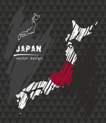 Japan national vector map with sketch chalk flag. Sketch chalk hand drawn illustration
