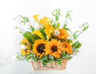 Beautiful Flowers Arrangement with Sunflowers and Sunny Yellow Calla Lilies in a Basket.