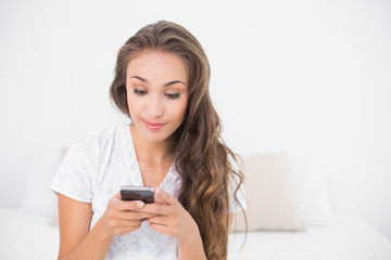 Fototapeta premium Content smiling brunette holding smartphone
