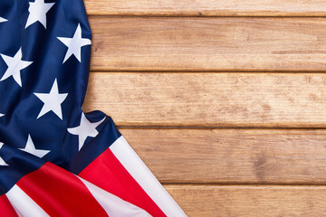 American flag wooden background.The Flag Of The United States Of America. Template.The view from the top.