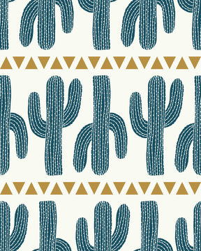 vector cactus stripe and triangles cream seamless repeat pattern background