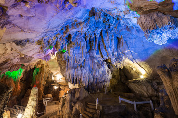 Inside the lit and spacious Tham Chang (or Jang or Jung) Cave in Vang Vieng, Vientiane Province, Laos.
