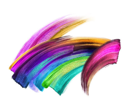 creative brush stroke clip art isolated on white background, dynamic neon watercolor smear, multicolor paint texture, green blue violet gold pink acrylics, grunge, rainbow