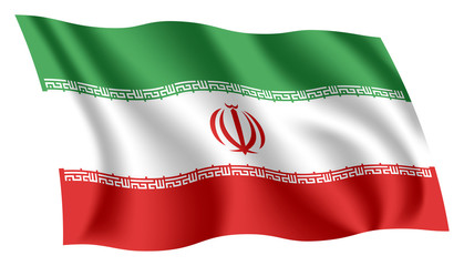 Iran flag. Isolated national flag of Iran. Waving flag of the Islamic Republic of Iran. Fluttering textile iranian ensign. Three Colour Flag.