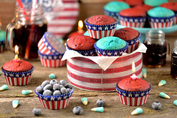 Cupcakes Red and Blue velvet on the day of US independence or birthday party.