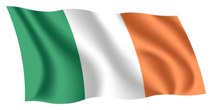 Ireland flag. Isolated national flag of Ireland. Waving flag of the Republic of Ireland. Fluttering textile irish flag. Irish tricolour.