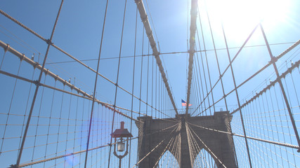 CLOSE UP: Detail of wires and structure of stunning Brooklyn suspension bridge